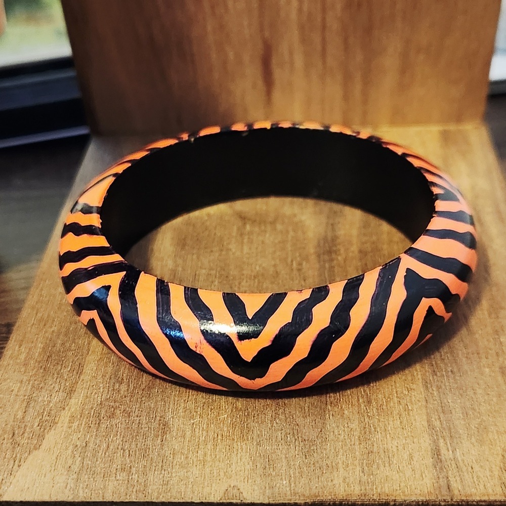 Orange Black‎ Zebra Animal Print Chunky Bangle Bracelet Statement Jewelry